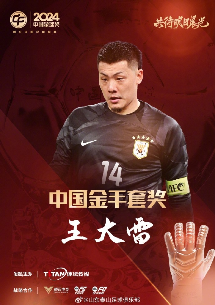  王大雷榮獲中國金手套獎，謝文能入選中國金球獎候選人前三名