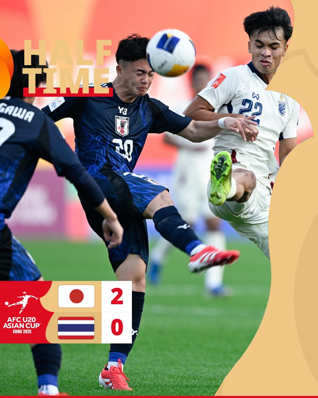  半場(chǎng)-日本U20 2-0領(lǐng)先泰國U20，石井久繼破門+中柱 泰國0射正