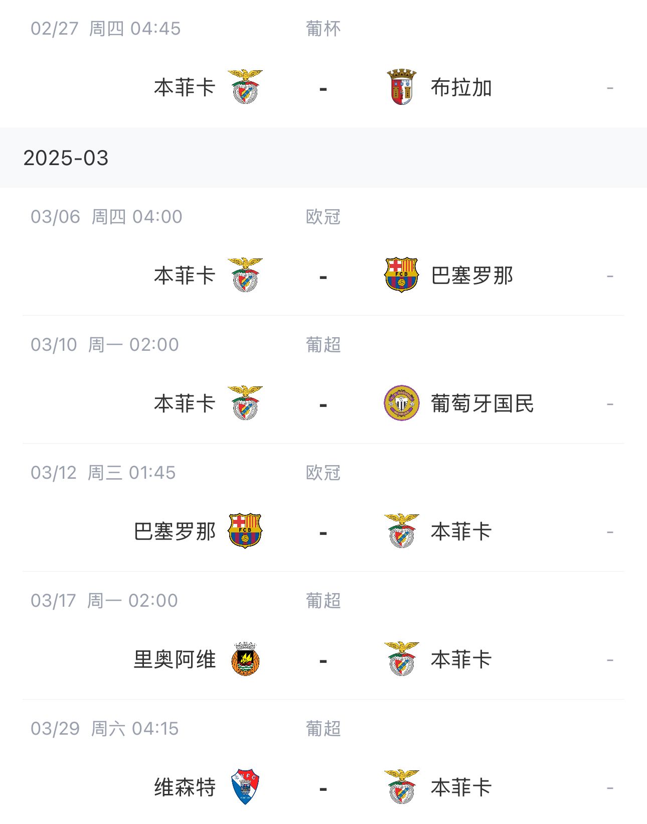  讓路歐冠！本菲卡戰(zhàn)巴薩首回合比賽前的葡超比賽推遲進(jìn)行