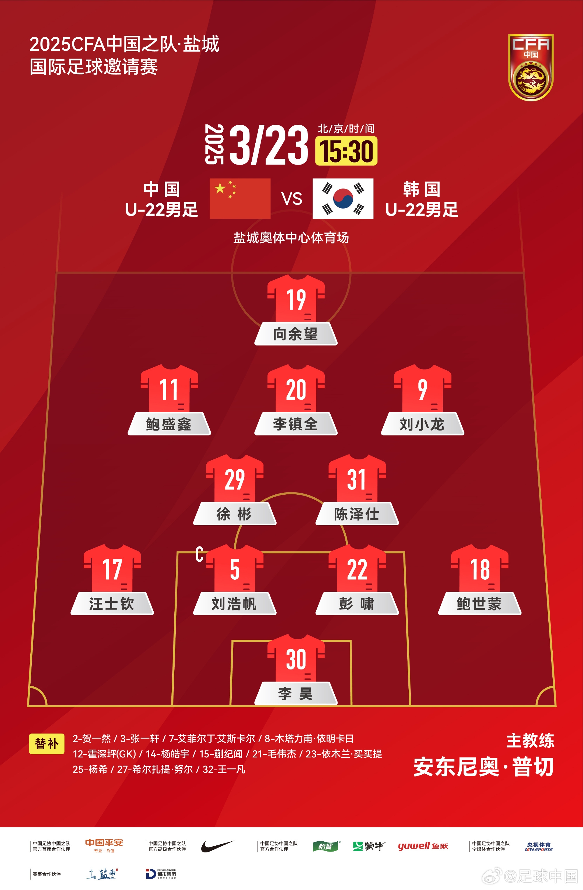  鹽城四國賽，中國U-22男足對陣韓國U-22男足，中國隊首發(fā)陣容